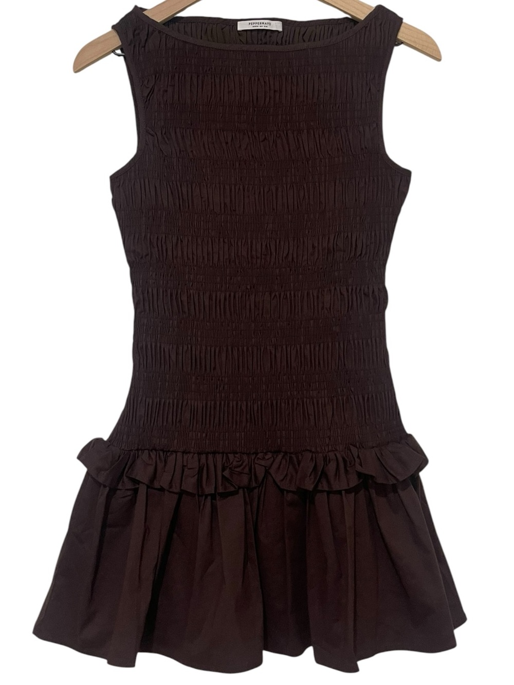 Peppermayo Garden Kisses Shirred Mini Dress Chocolate Brown Size 6 - Picture 2 of 7
